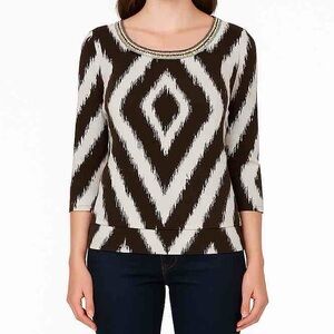 Travelers by Chico’s Geo Banded Beaded Blouse Brown White Size S